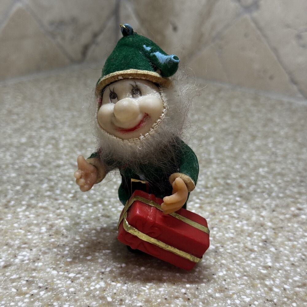 Vintage Christmas Ornament Figurine Elf Dwarf Gnome Plastic Green Felt Damage